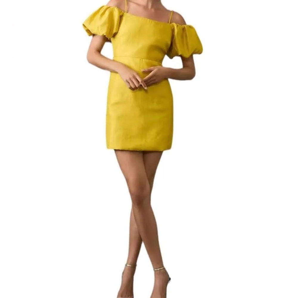 Anthropologie Let Me Be Yellow Slim Fit Puff Sleeves Sheath Mini Dress